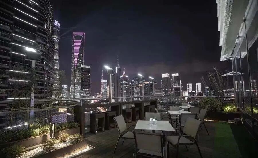露台花园夜景，环球金融中心与上海中心灯光璀璨